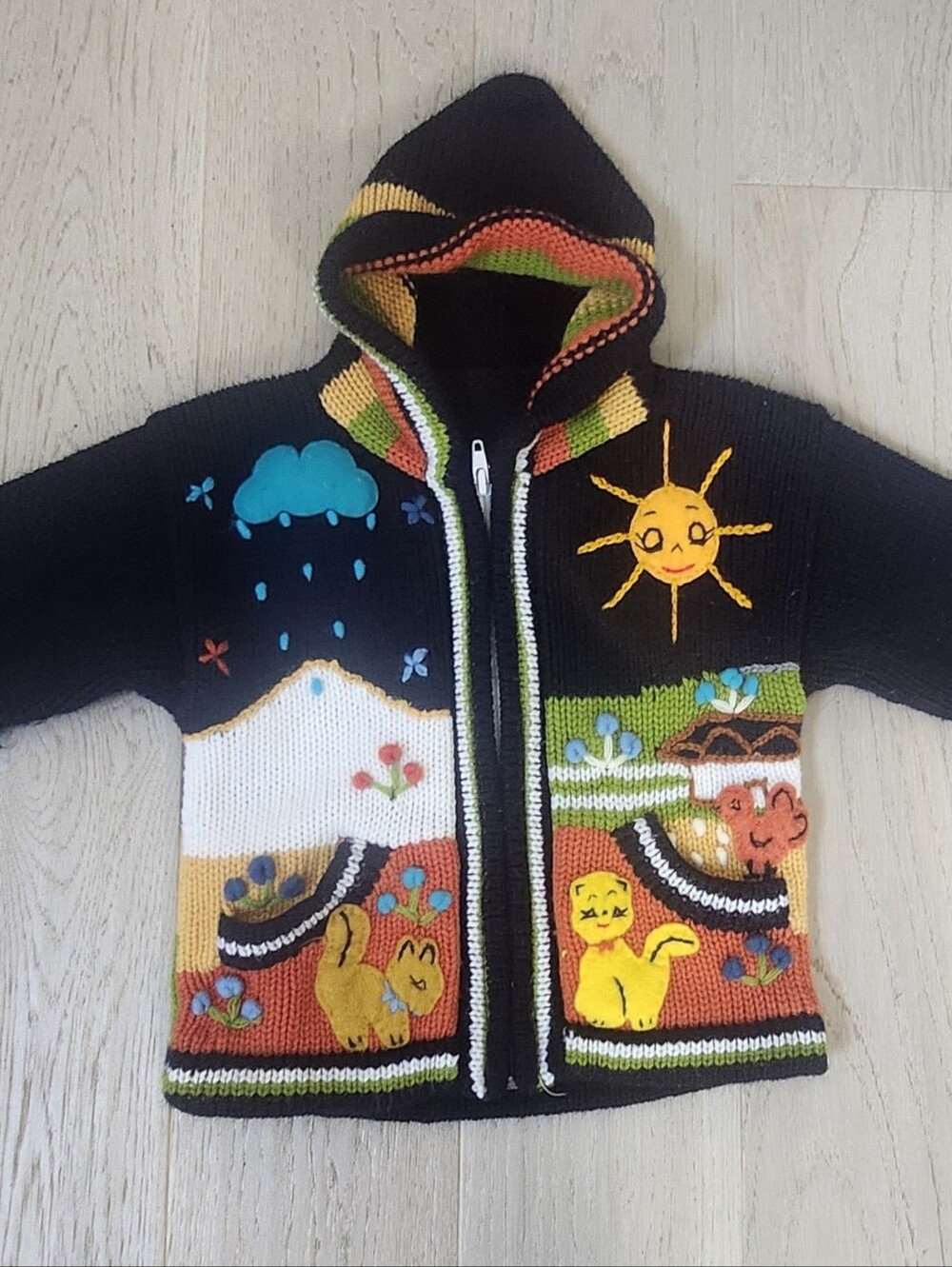 Handmade Peruvian Sweater Toddler 2/3T Multicolor Hooded Knit Animal Sun